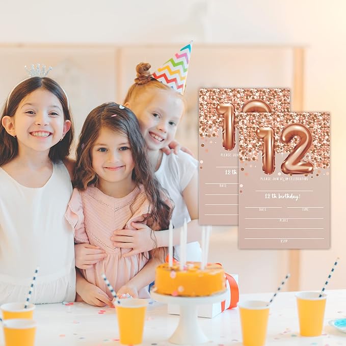 12th Birthday Invitation Cards, Rose Gold Glitter 12th Birthday Party Invites, Kids Happy Birthday Party Decorations Supplies, 20 Fill-in Cards with Envelopes for Boys or Girls Party Celebration - C04