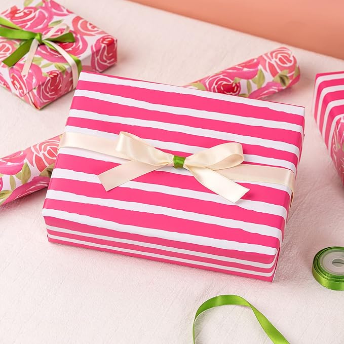 RUSPEPA Reversible Wrapping Paper Roll - Mini Roll - Watercolor Style Pink Rose and Stripe Pattern Great for Mother's Day, Birthday, Party, Wedding and More - 17 Inches X 32.8 Feet