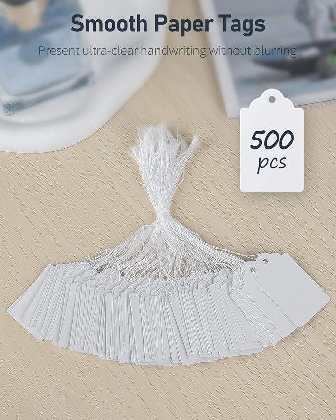 Uniclife 500 Pcs Writable Price Labels 1.8 Inch White Marking Tags with Strings, 1.8" x 1.05"