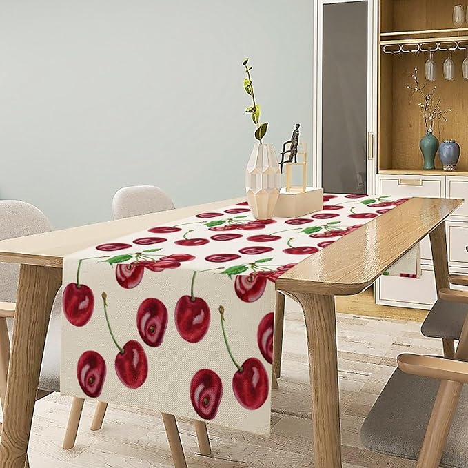 Red Cherry Table Runner Watercolor Tropical Fruit Spring Summer Wild Berry Dinner Runner for Girl Baby Shower Party Holiday Home Kitchen Dining Table Decor 13x120
