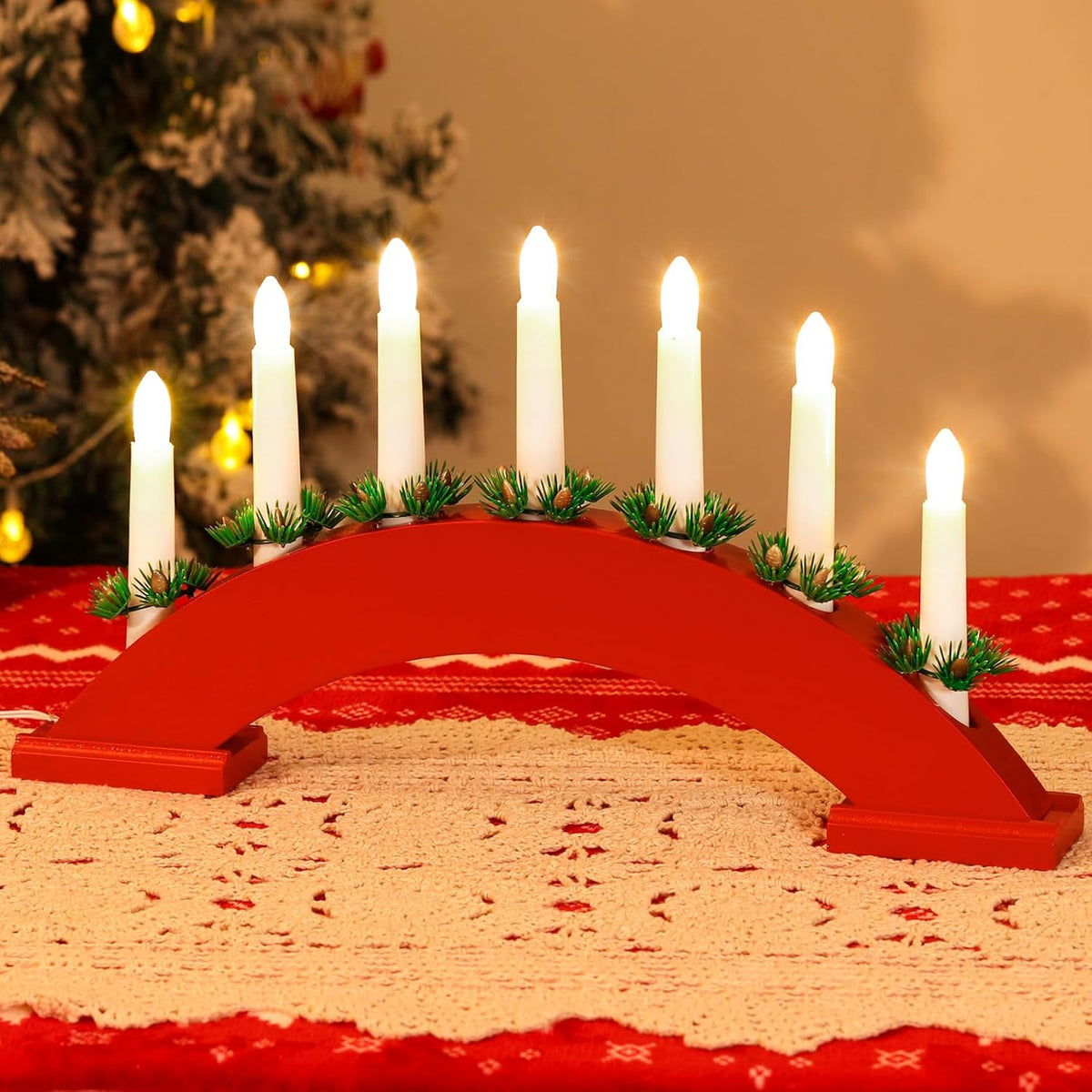 lewondr christmas swedish candelabra, wooden candle bridge light, main product view