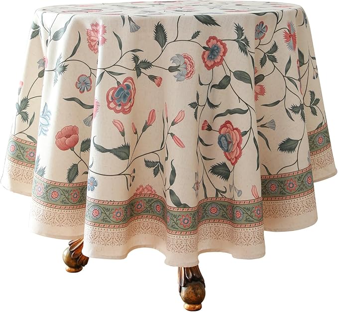 ISAENNE Designer Chinoiserie Linen Floral Round Tablecloth,White Wrinkle Resistant Table Cloth,Elegant Decor Tablecloths for Dining Thanksgiving Kitchen Party Christmas,Diameter 67"-Daffy