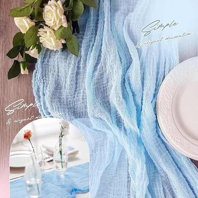 Aktor 12 Pack Light Blue Table Runner Boho Cheesecloth Table Runner Semi Sheer Gauze Fabric Runners for Wedding Birthday Baby Shower Party Boho Table Decoration（Light Blue）
