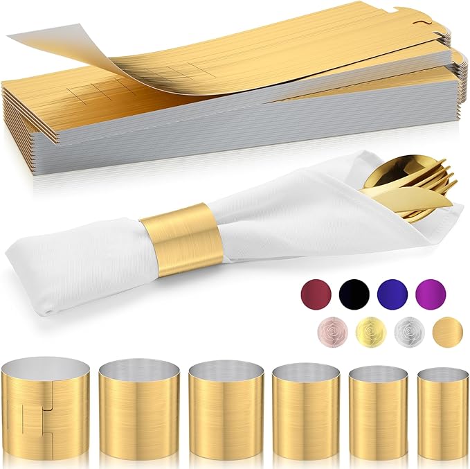 Polymer Material Reusable Napkin Band, Glue-Free Tear-Proof Water Resistant Oil-Proof Napkin Bands Set of 100(Front Brushed Gold Color and Back Silver), 6 Adjustable Sizes Napkin Rings