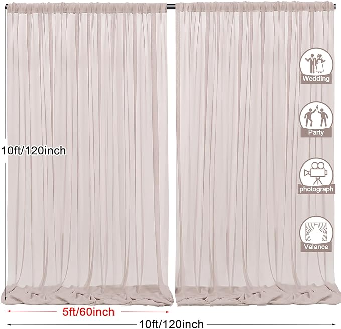 PARTISKY 10ftx10ft Taupe Chiffon Sheer Backdrop Curtains, Wrinkle-Free Wedding Backdrop Drapes for Birthday Party Ceremony Arch Stage Decor Background for Photography 5ft x 10ft,2 Panels