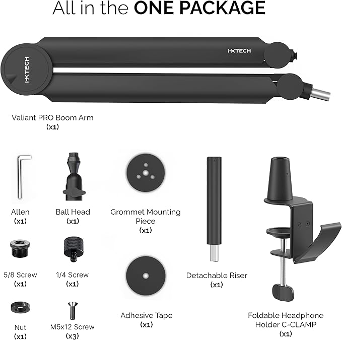 IXTECH Mic Arm Boom Arm 360° Rotatable Microphone Boom Arm Mic Boom Arm with Desk Mount, Fully Adjustable, for Podcast, Video, Gaming, Radio, Studio Recording, Sturdy and Universal VALIANT Pro