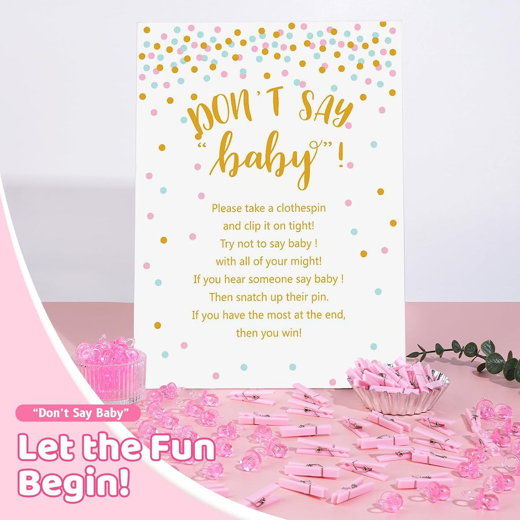Don't Say Baby Shower Clothespin Game for Girl Includes 8x11 Standing Sign, 60 Mini Pink Clothes Pin, 60 Mini Pacifiers