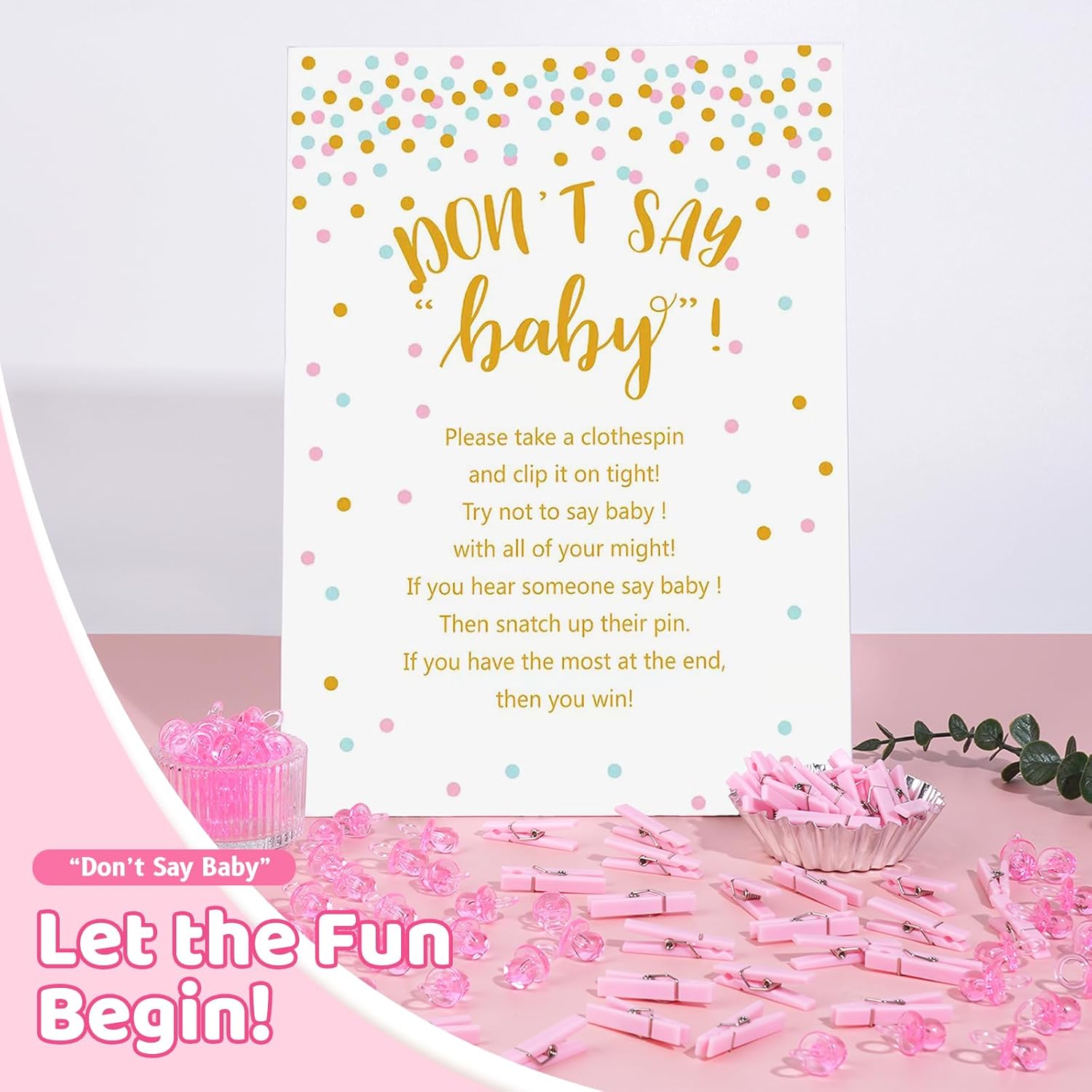 Don't Say Baby Shower Clothespin Game for Girl Includes 8x11 Standing Sign, 60 Mini Pink Clothes Pin, 60 Mini Pacifiers