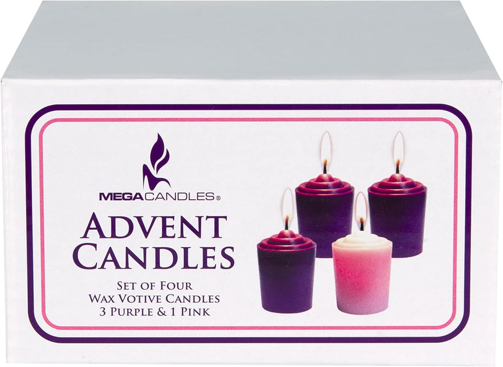 Mega Candles 4 pcs Unscented Christmas Advent Candles Set, Hand Poured Premium Wax Votive Candle 15 Hours 1.5 Inch x 2.25 Inch, Holidays, Occasions, Devotional, Church, Wreath, Party, Gifts