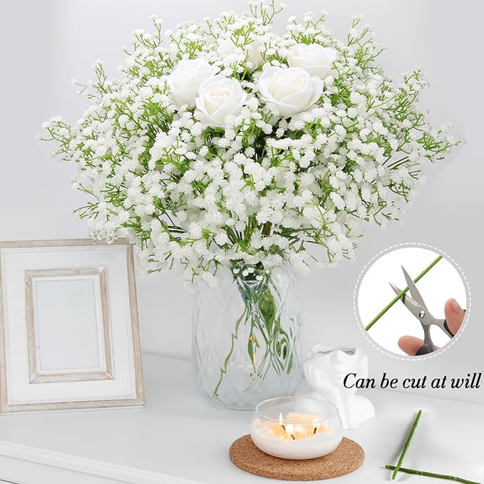 Babys Breath Artificial Flowers, Real Touch Babys Breath Flowers Artificial Bulk for Wedding Decor, White Fake Flowers for Party Home Garden Decor (24, White)