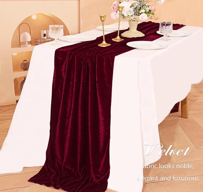 Velvet Table Runner 20 x 120 Inches 10ft Luxurious Thick Soft Velvet Christmas Thanksgiving Wedding Reception Table Runner for Party Reception Decorations(Burgundy, 6 Pack)