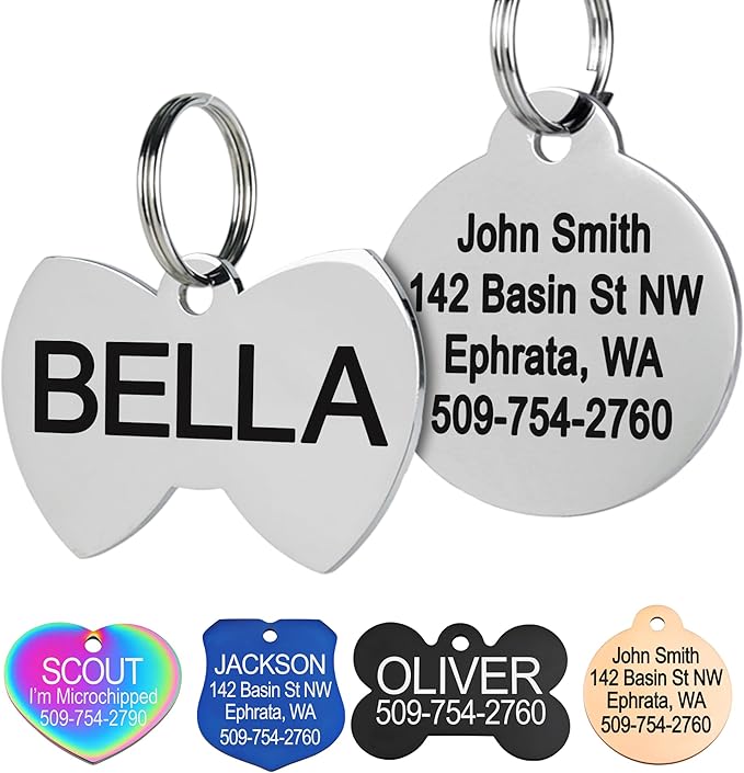 GoTags Stainless Steel Pet ID Tags, Personalized Dog Tags and Cat Tags, up to 8 Lines of Custom Text, Engraved on Both Sides, in Bone, Round, Heart, Bowtie and More (Bow Tie, Small (Pack of 1))