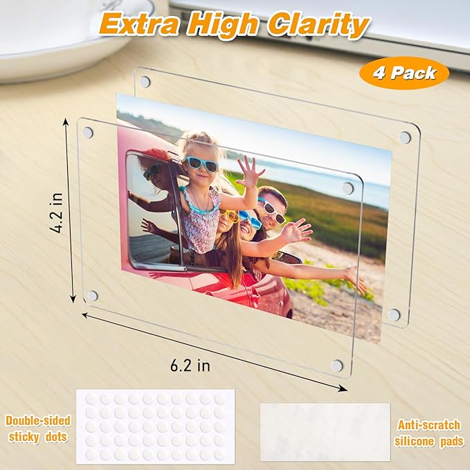 4 Pack 4×6 In Acrylic Fridge Magnetic Frame, Photo Picture Frames, Double Sided Photo Refrigerator Magnet Picture Frame, Clear Picture Display Frame