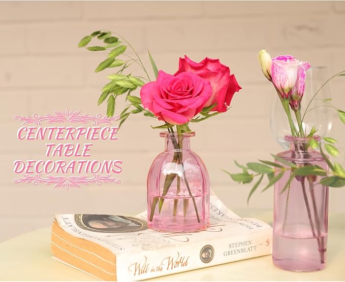 Pink Vase, Bud Vases Set of 12, Small Pink Glass Vases for Flowers Modern Ribbed Glass Bud Vase for Decor Wedding Flower Vase in Bulk Vintage Decor Bridal Shower Centerpieces Home Table Decoration