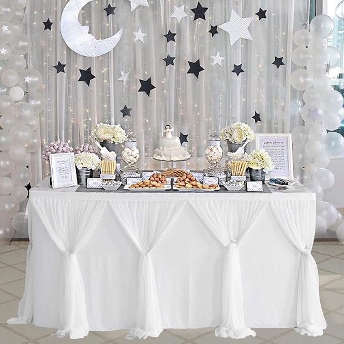 9ft Table Skirt White Tulle Tablecloth Tutu Table Skirt for Wedding Bridal Baby Shower Birthday Party Cake Dessert Buffet Banquet Decorations