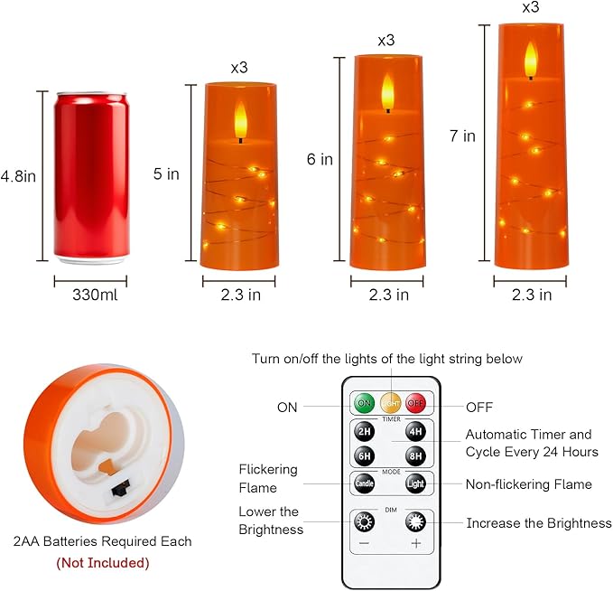 Raycare Flameless Candle with Remote Timer – 9 Flickering Acrylic Battery Operated LED Pillar Candles with Embedded Star String for Halloween, Home Decor, and as a Gift (Orange)