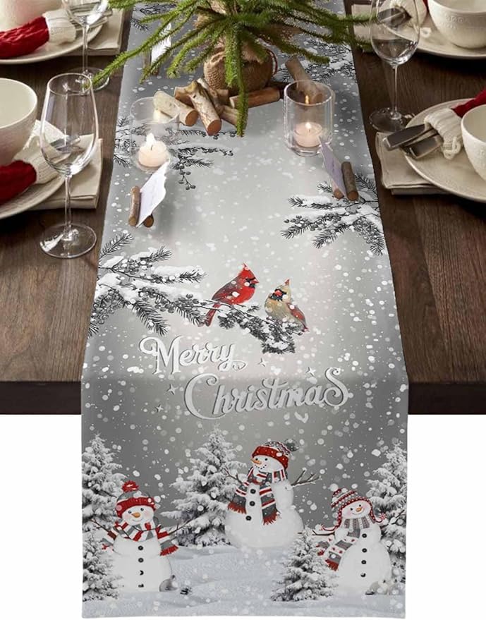 Christmas Snowman Cotton Linen Table Runner for Dining Kitchen, Snowflakes Xmas Pine Tree Wedding Outdoor Party Tablerunner Decoration Winter Bird Dresser Scarf Coffee Tablecloth Runners 13x36 Inches