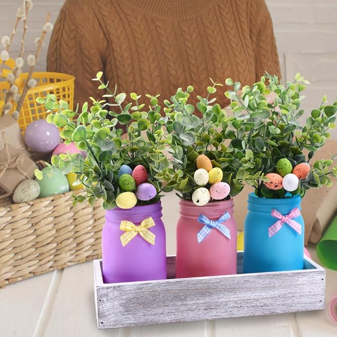 DIYDEC 3PCS Easter Mason Jars 3 * 5Inch Easter Painted Tiered Tray Decorative Jars with Wood Tray &Artificial Flowers Farmhouse Bottles for Holiday Spring Home Table Centerpiece Decor Gifts