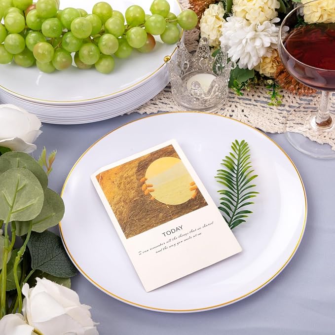 Festiva 50Pcs Gold Plastic Plates - 9 Inch White Plastic Plates with Gold Rim - Disposable Dinner Plates - include 50 salad&pasta Plate Perfect for Party&Wedding&Thanksgiving &Christmas