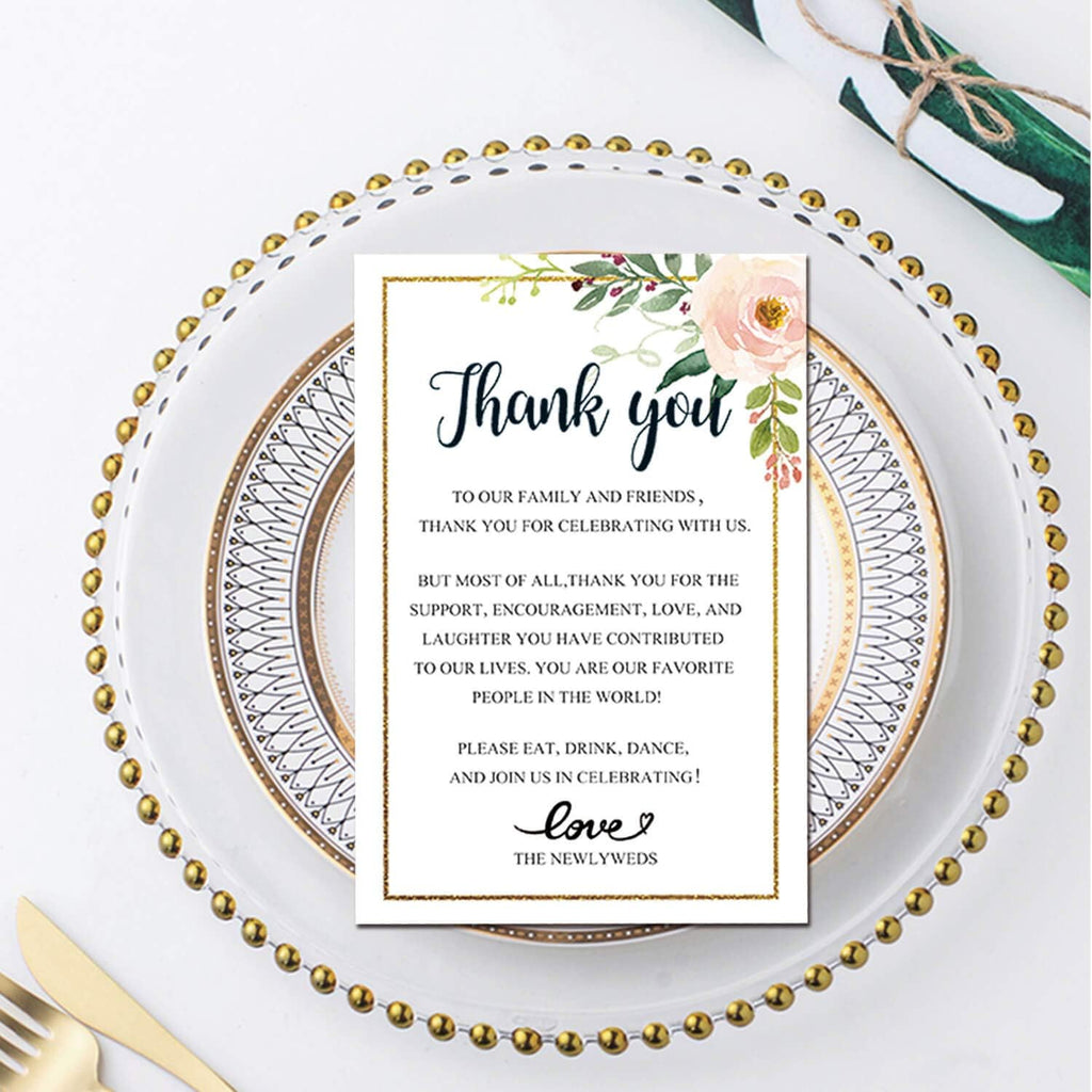 Floral Wedding Thank You Place Setting Cards, Wedding Favors for Guests, Print to Add to Your Table Centerpieces and Decorations, 4 x 6 Inch, Pack of 50