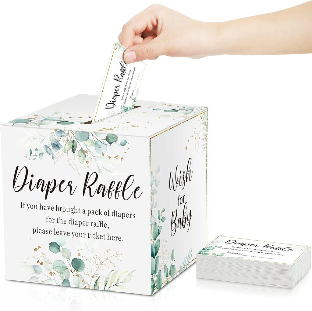 Pajean Greenery Diaper Raffle Box for Baby Shower Party with 50 Pcs Tickets | Baby Shower Games And Diaper Party Supplies For Gender Neutral Greenery Decorations, Gift Table And Raffle Activity