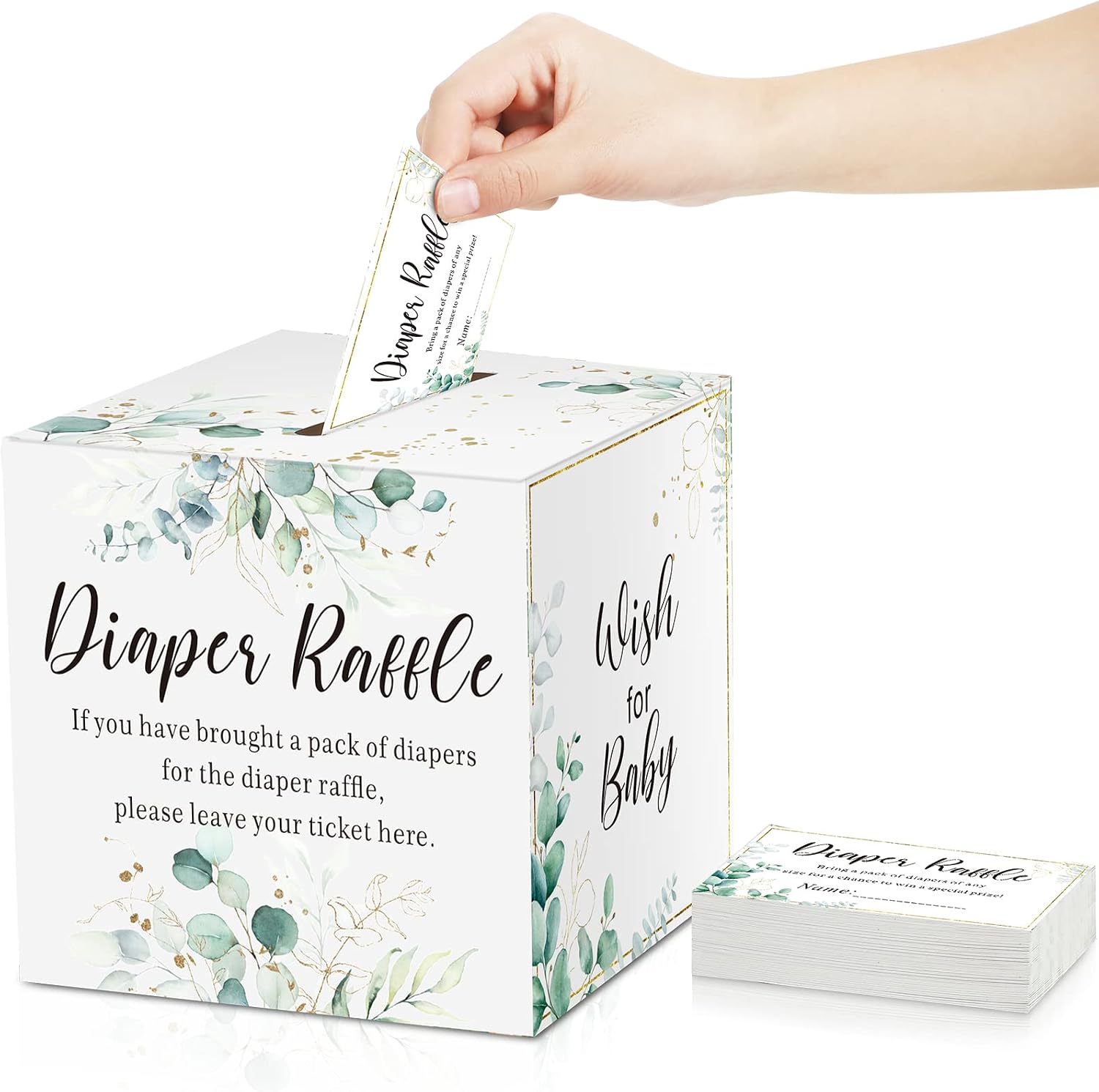 Pajean Greenery Diaper Raffle Box for Baby Shower Party with 50 Pcs Tickets | Baby Shower Games And Diaper Party Supplies For Gender Neutral Greenery Decorations, Gift Table And Raffle Activity