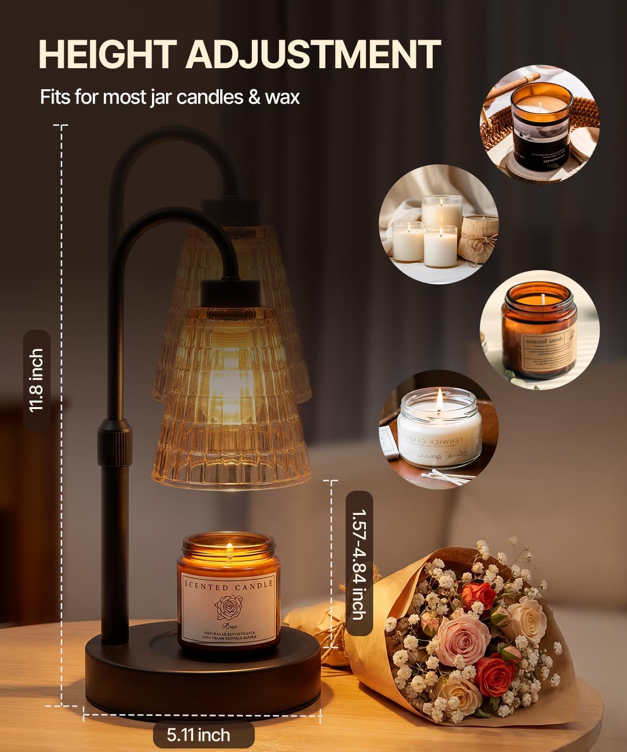 Candle Warmer Lamp with Remote Control Timer Dimmer - Wax Melt Warmer with 2 Bulbs, Adjustable Height, Birthday Gifts for Mom Women, House Warming Gifts New Home Decor (Round)