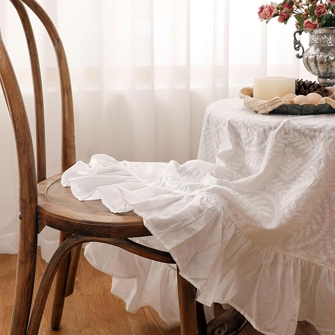 patdrea Vintage Ruffle Tablecloth for Round Tables,Farmhouse Embroidered Cotton White Lace Table Cloth Cover Decor for Dining Room Wedding Banquet Thanksgiving Christmas,Dimaeter 51"