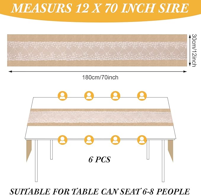 Xinnun 6 Pack Burlap Table Runner with LED String Lights, Modern Rustic Lace Natural Vintage Boho Jute Wedding Table Decor for Farmhouse Thanksgiving Christmas(Farmhouse Rustic Burlap,12x70 Inches)