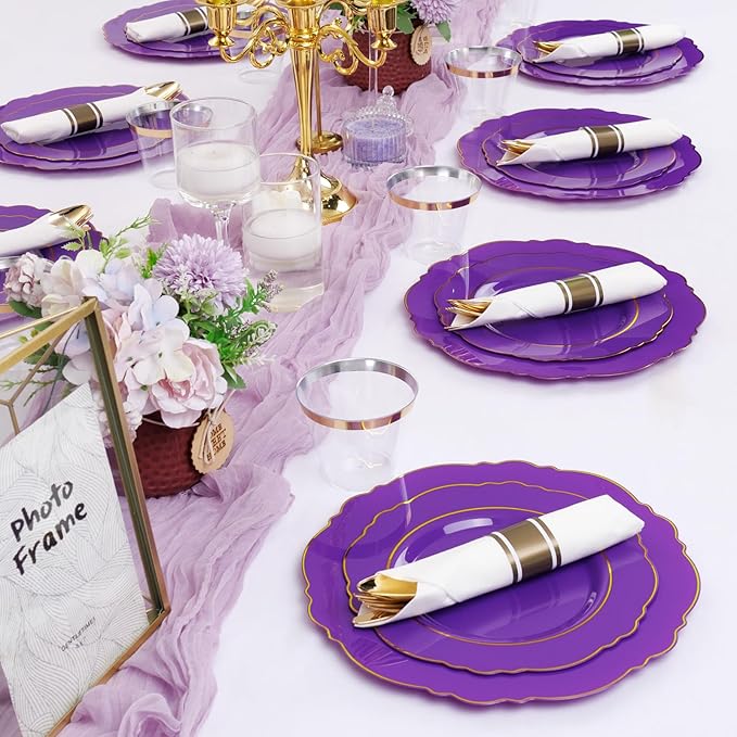 Liacere 350PCS Purple Plastic Plates-Disposable Purple and Gold Plates 50 guest Baroque Plastic Dinnerware include 100Plates,50Pack Pre Rolled Napkins with Silverware 50Cups for Halloween