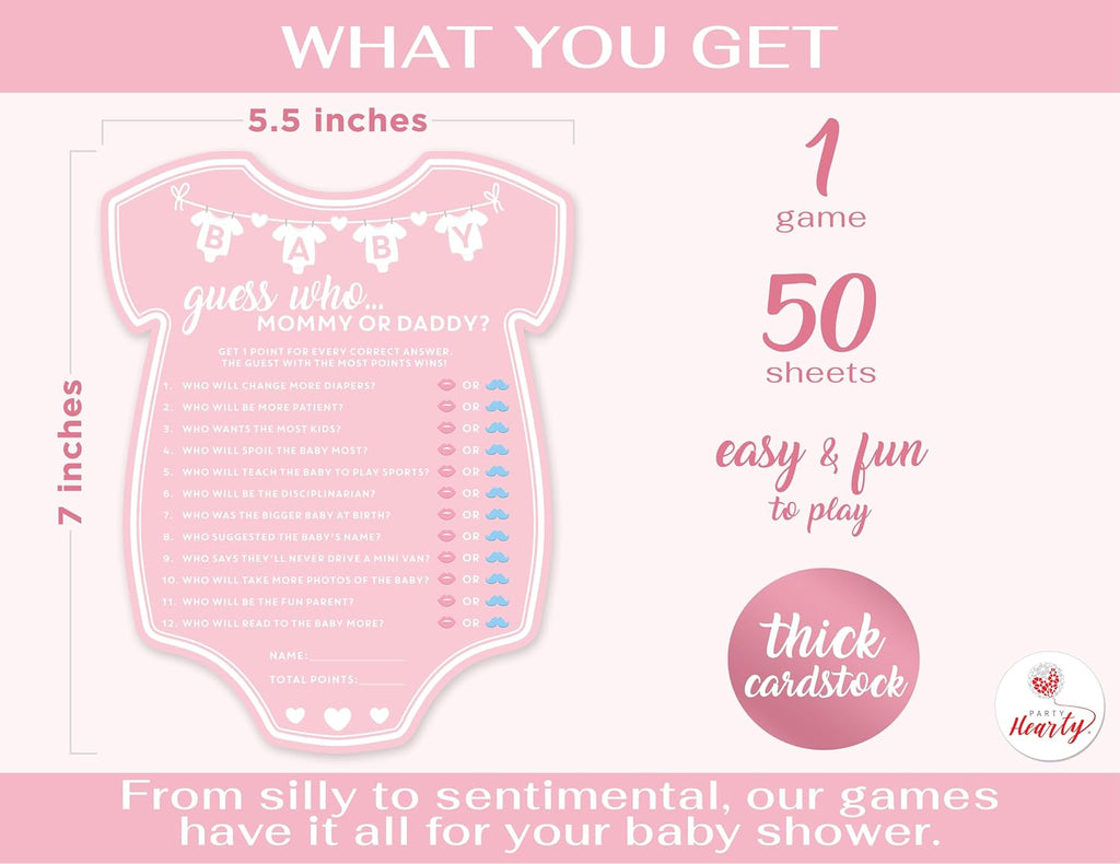 Party Hearty Baby Shower Games, Guess Who Mommy or Daddy - Pink Onesie | 50 Pink Onesie Cards, Guess Who Game, Fun Activity Cards, Baby Shower Activity