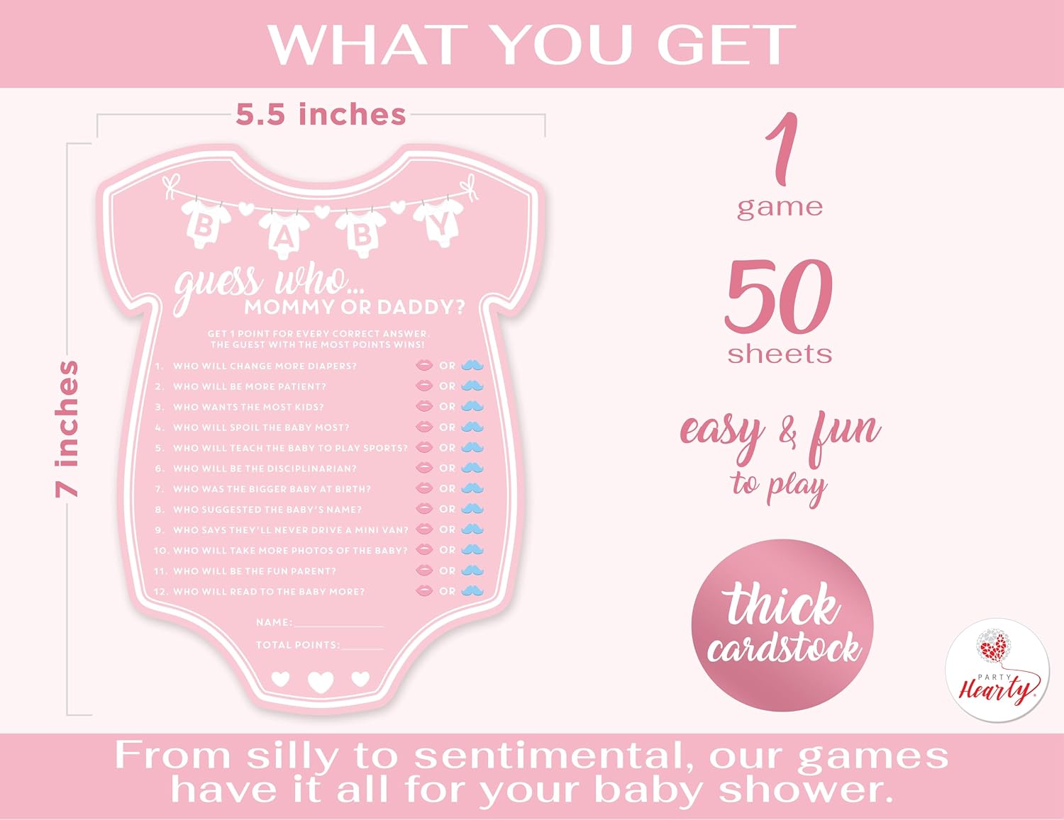 Party Hearty Baby Shower Games, Guess Who Mommy or Daddy - Pink Onesie | 50 Pink Onesie Cards, Guess Who Game, Fun Activity Cards, Baby Shower Activity