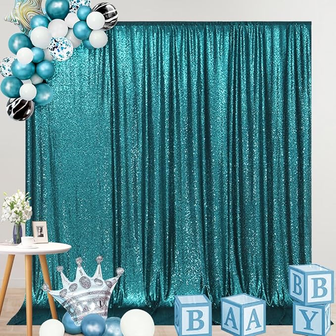 SquarePie Sequin Backdrop Curtain Not See Through Thick Glitter Background for Party 8FT x 10FT Teal