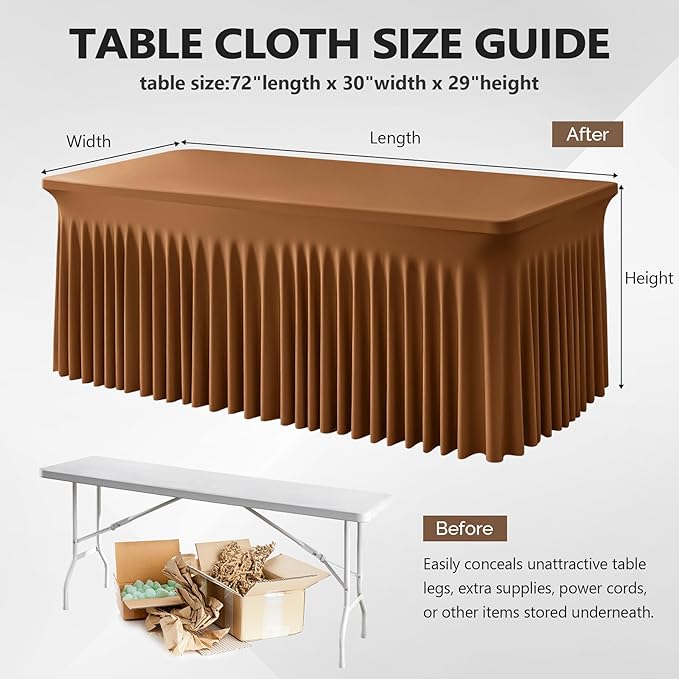Wish Care 6 Pack Brown Spandex Table Clothes for 6 Foot Rectangle Tables, 6FT Wrinkle Free Fitted Tablecloths Ruffles Design Table Cover for Party, Banquet, Wedding and Events