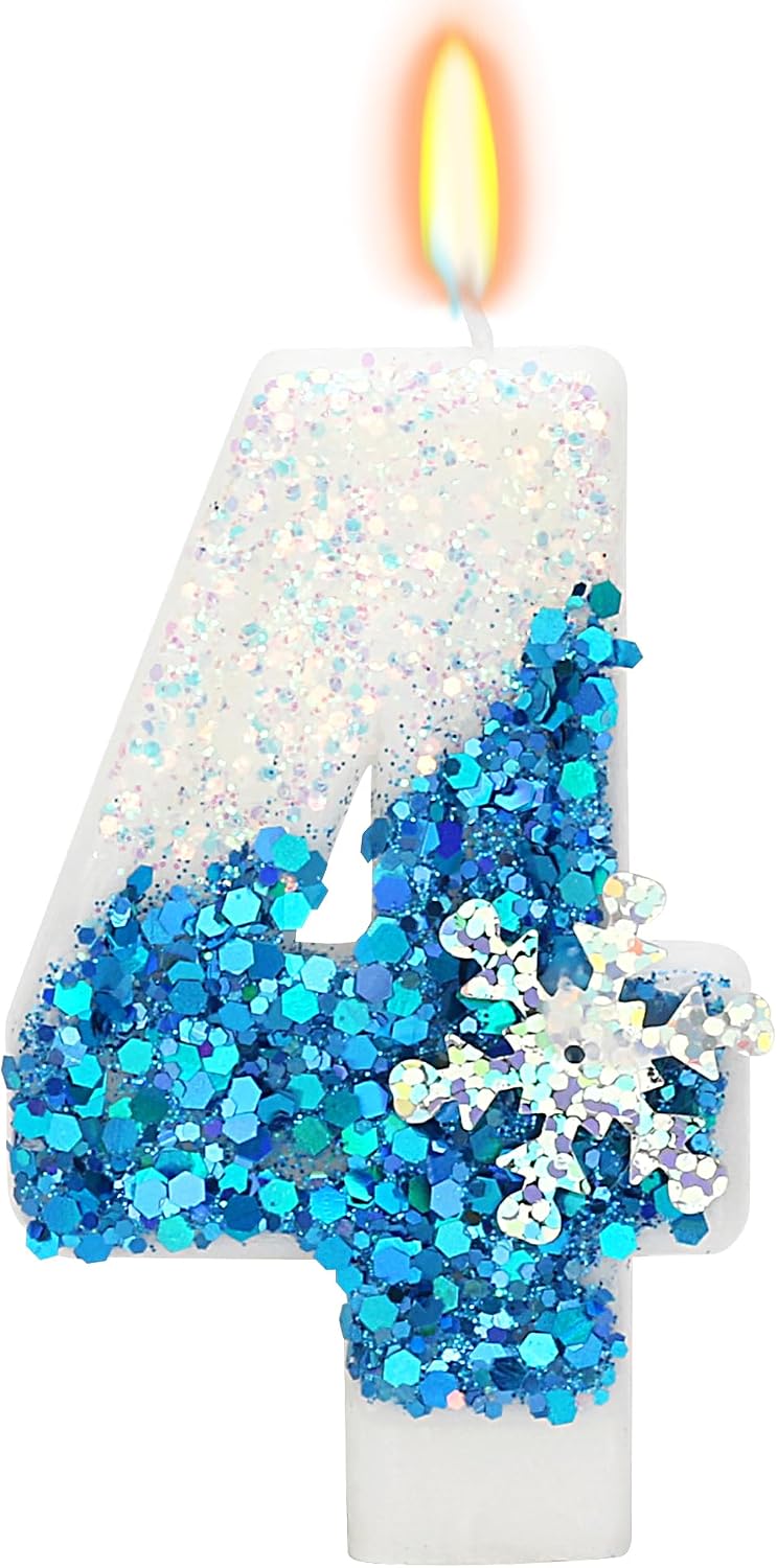 Snow Frozen Themed Birthday Candles, 4th Birthday Candle for Party Supplies, Frozen Birthday Party Decor, 2.76 inch Number 4 Cake Topper Decoration (Number 4)