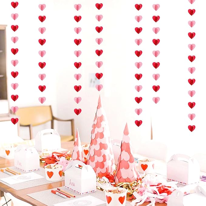 Red Pink Party-Decorations 3D-Heart Garland - 40ft Galentines Streamers Paper Banner, Proposal Anniversary Romantic Birthday Baby Shower Rustic Wedding Hanging Ornaments Decor Hugfond