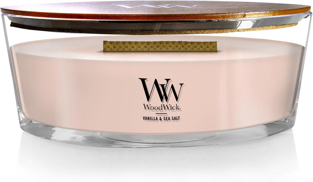WoodWick Ellipse Scented Candle Vanilla & Sea Salt Scent Crackles as it Burns Up to 50 hours Burn Time Premium Soy blend Perfect for gifting 16oz