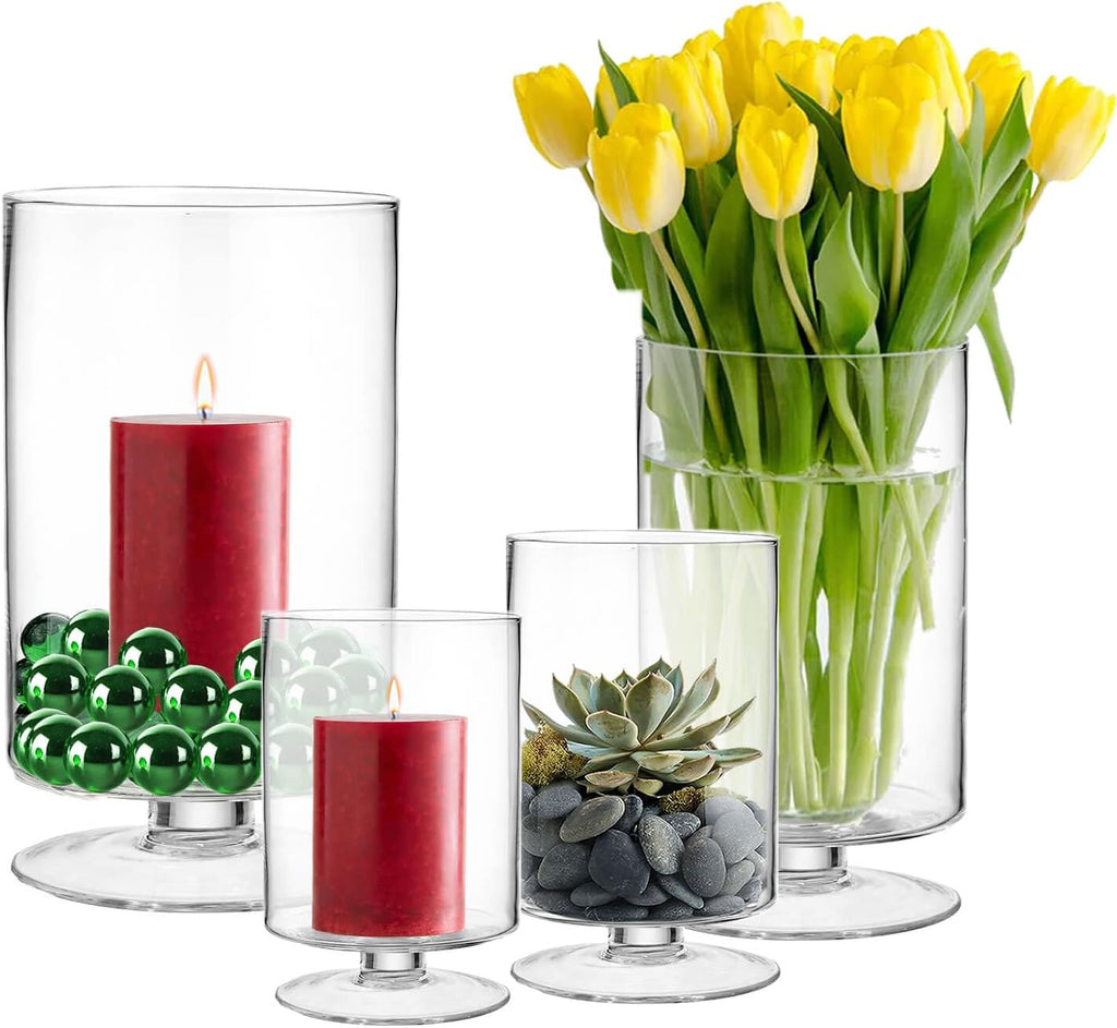 CYS EXCEL Glass Hurricane Pillar Candle Holder (H:8" W:4.75") | Multiple Size Choices Short Stem Candle Centerpieces | Stemmed Glass Cylinder Candle Vase
