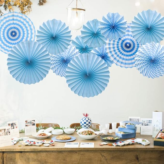 Hanging Paper Fans Party Set, Round Pattern Paper Garlands Decoration for Birthday Baby Boy Shower Graduation Bachelorette, Set of 6 (Blue)