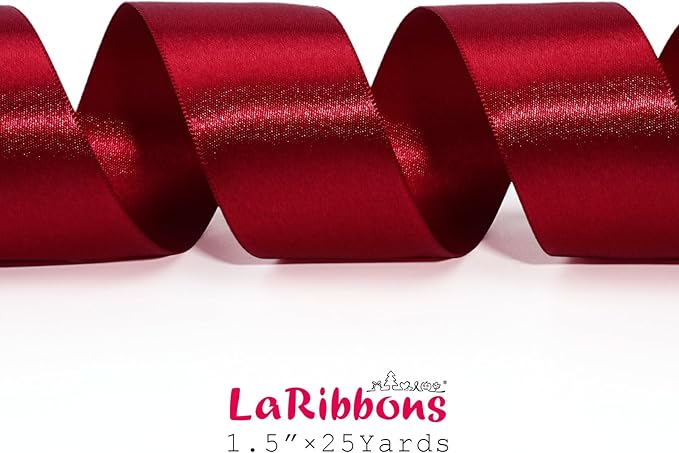 LaRibbons Burgundy Satin Ribbon 1 1/2 Inch 25 Yards Luxury Double Faced Dark Red Silk Ribbon for Flower Bouquet Crafts Gift Wrapping Wedding Party Christmas Decoration