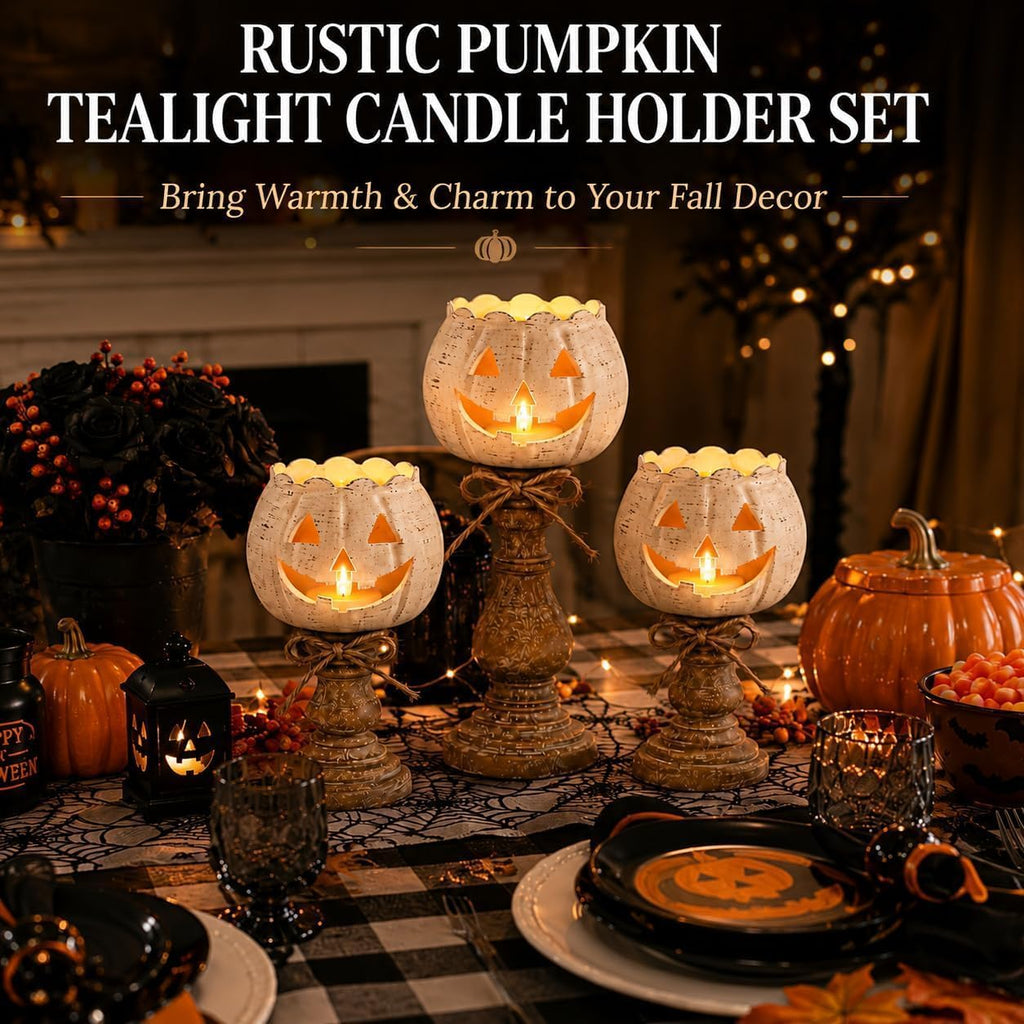 Rustic White Pumpkin Tealight Candle Holder Set, Farmhouse Halloween Pumpkin Tea Light Candle Holders Decor, Fall Tables Centerpieces for Thanksgiving & Halloween Party