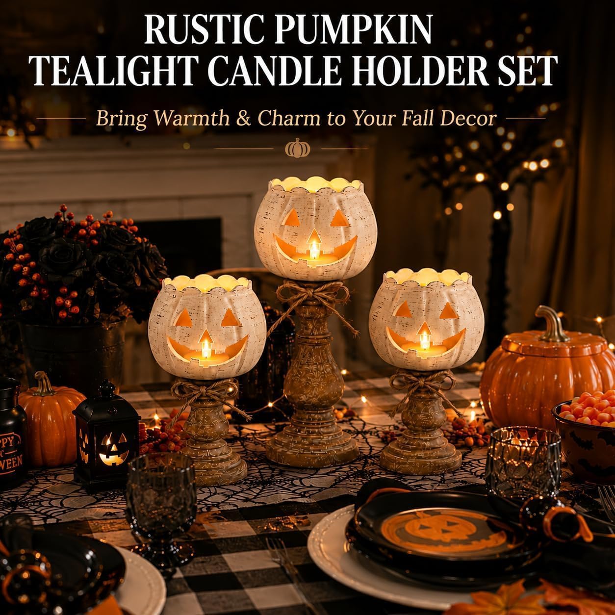 Rustic White Pumpkin Tealight Candle Holder Set, Farmhouse Halloween Pumpkin Tea Light Candle Holders Decor, Fall Tables Centerpieces for Thanksgiving & Halloween Party