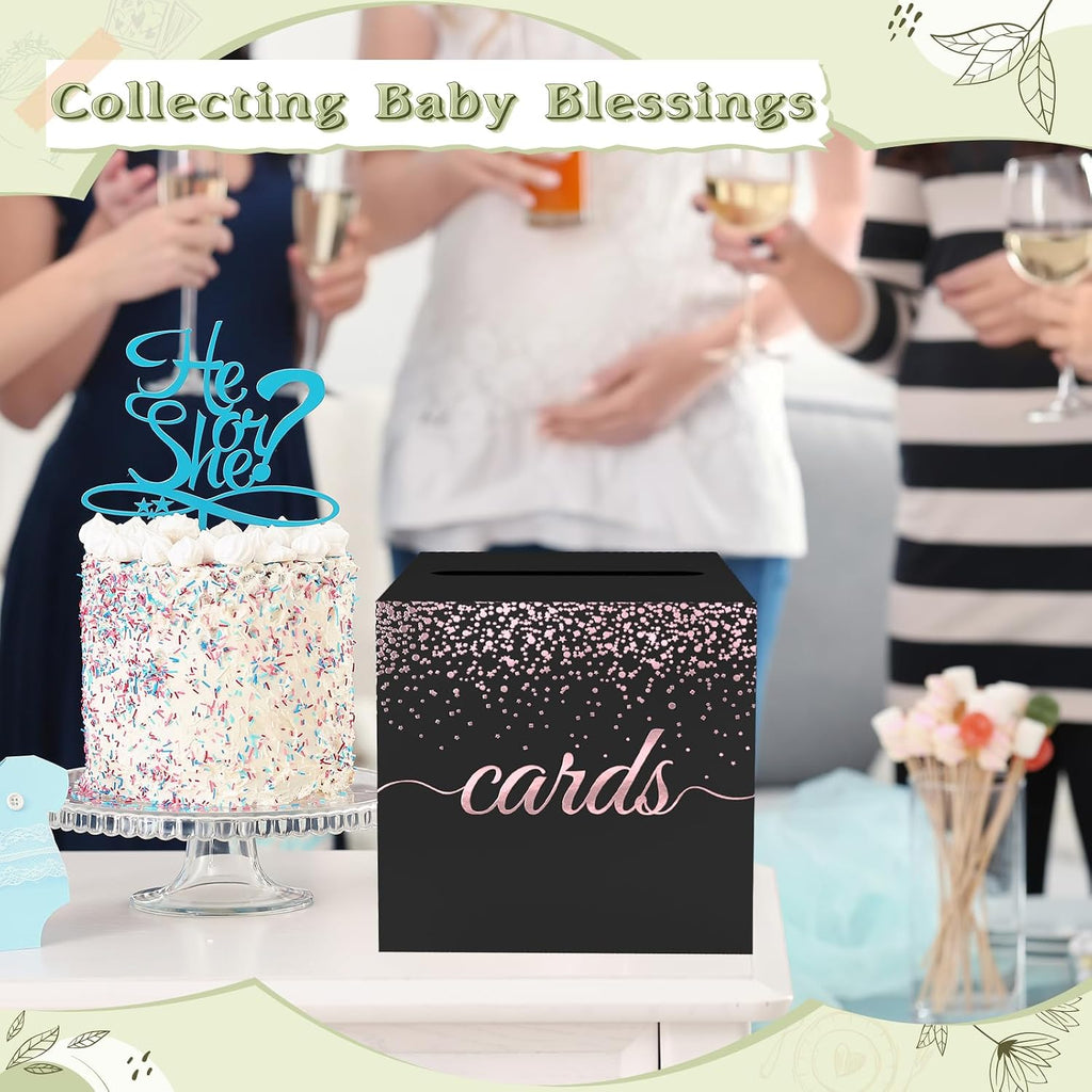 WNINK Black Rose Gold Cards Box for Birthday, Wedding, Bridal or Baby Shower, Graduation, Anniversaries, Engagement Party Decorations Supplies Money and Cards Receiving Box