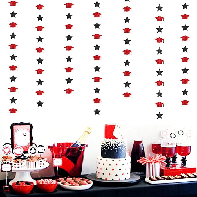 Red-Black Graduation-2025 Class Party-Decorations Garland - Congrats Grad Hat Star Banner Streamers,Senior High School Night College Congratulations Decor Supplies Ouruola