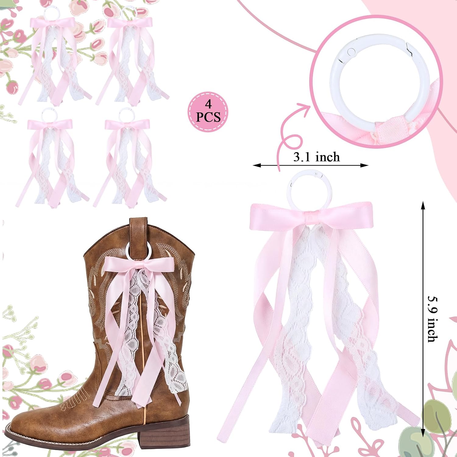 4 Pcs Pink Ribbon Boot Bow for Cowgirl Boots Lace Bows Clip Decor for Country Concert Wedding Women DIY Bridal Shower Reception Accessory Supplies Gifts Removable