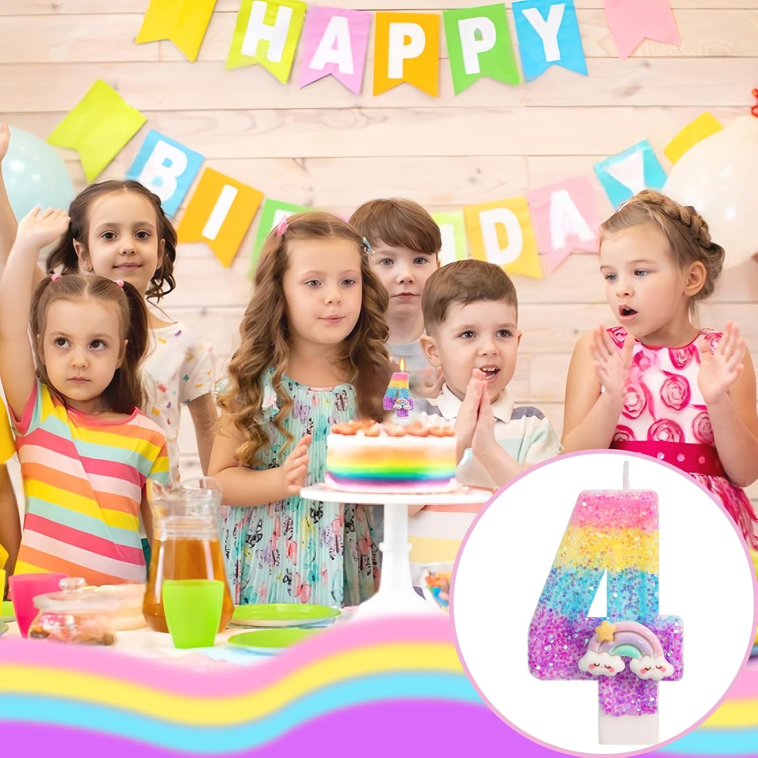 Rainbow Candles for Cakes, Number 4 Candle Rainbow Cake Topper for 4th Birthday Decorations Girl