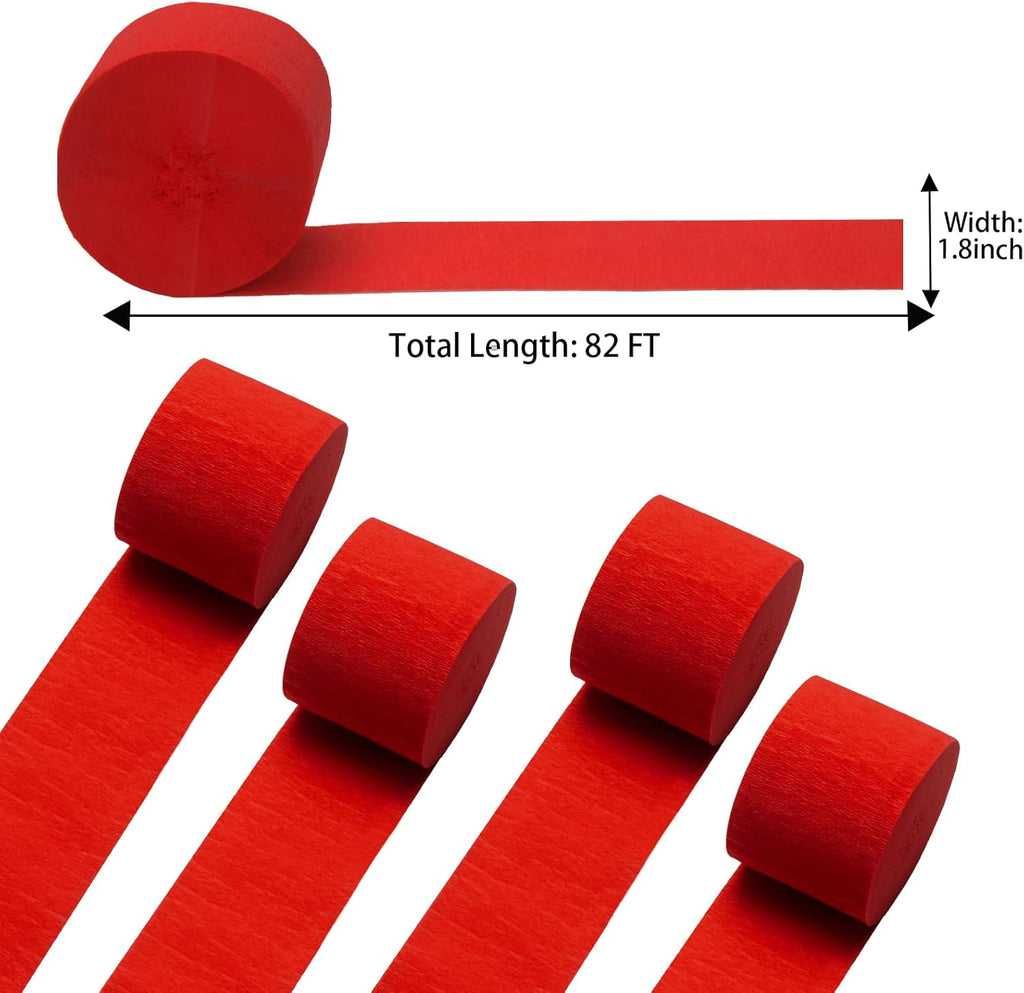 Pack of Red Crepe Paper Streamers 4 Rolls 328ft, Red Crepe Paper for Birthday Party Decorations Wedding Graduation Theme Anniversary Engagement Bachelorette Carnival Casino Bridal Shower Xmas Decors