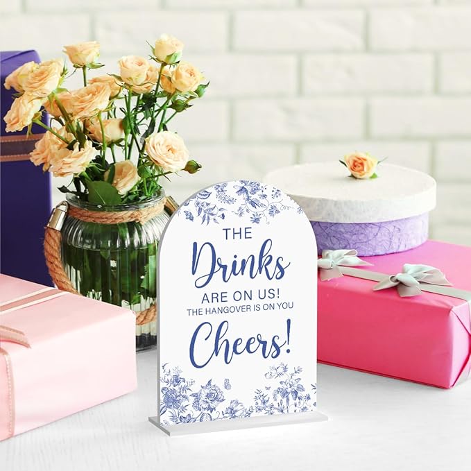 Acrylic Wedding Signs, Dusty Blue Wedding Decor, Blue Weddings Decor, The Drinks Signs for Reception, Modern Calligraphy Arch Acrylic Table Top Sign for Weddings Parties Dinners (White)