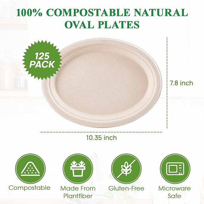 Vplus 100% Compostable Oval Paper Plates 10 inch 125 Pack Super Strong Disposable Paper Plates Bagasse Natural Biodegradable Eco-Friendly Sugarcane for BBQ, Party, Gathering, and Picnic