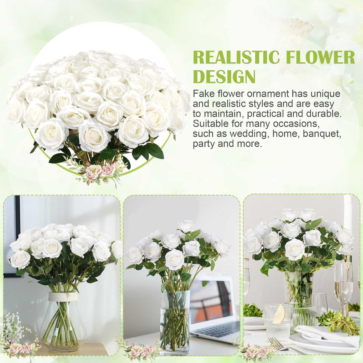 rowfad 60 pcs white roses artificial flowers bulk showing dimensions